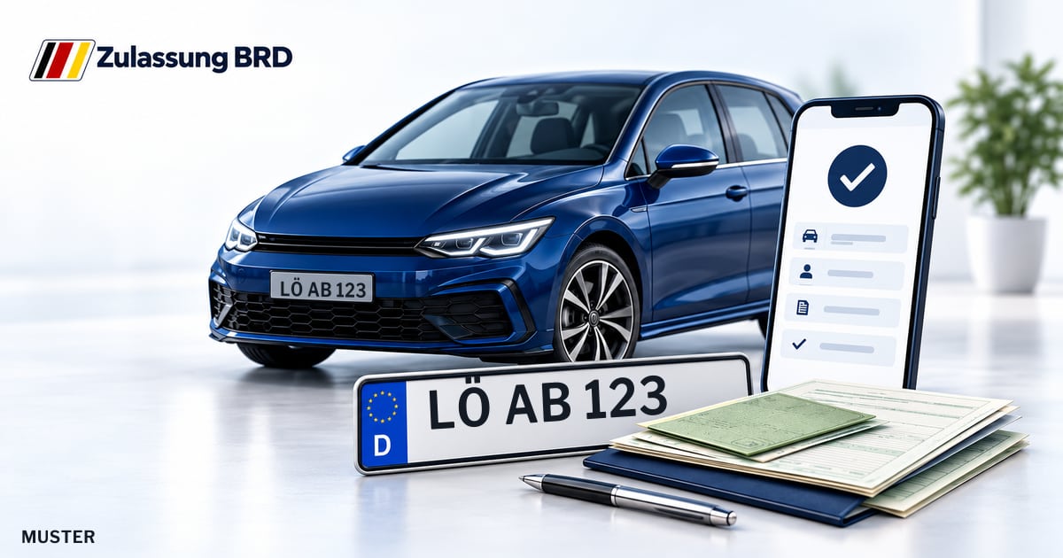 Online Fahrzeugzulassung in Steinen: Musterkennzeichen LÖ AB 123, Auto und Fahrzeugpapiere und Smartphone. Illustration mit Logo von Zulassung BRD.